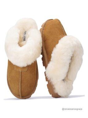 Genuine Leather Fur-Lined Womens Clog Slippers Memory Foam Non-Slip